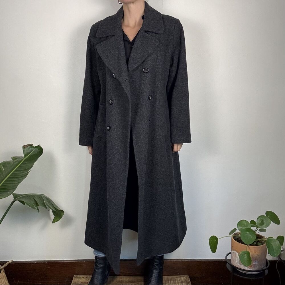 Vintage 80s Adolfo Studio Gray Charcoal Double-Breasted Winter Trench Overcoat
